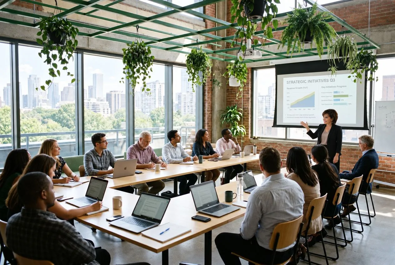 Michele Smith presenting to a leadership group in a plant-filled loft meeting room