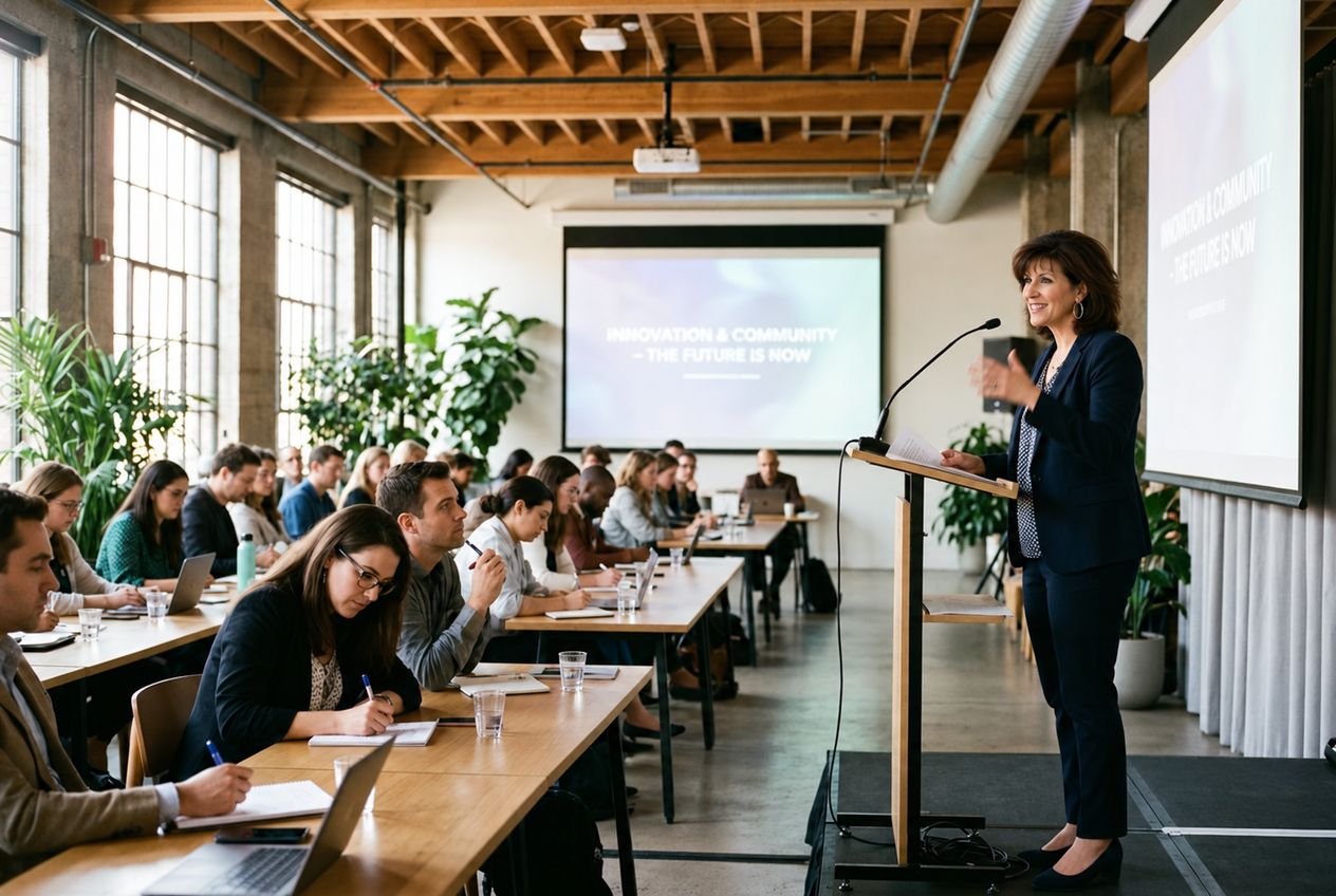 Michele Smith speaking at a lectern to an audience seated at long tables