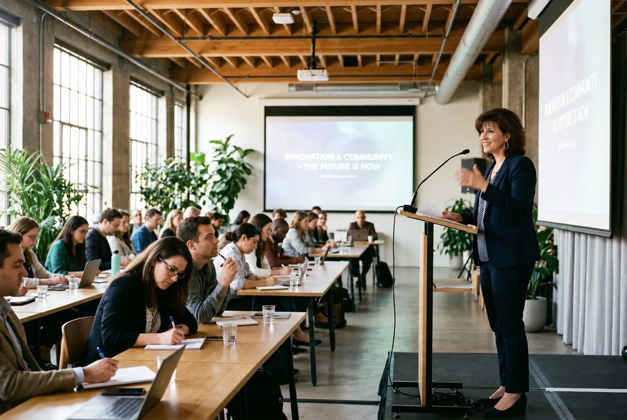 Michele Smith speaking at a lectern to an audience seated at long tables